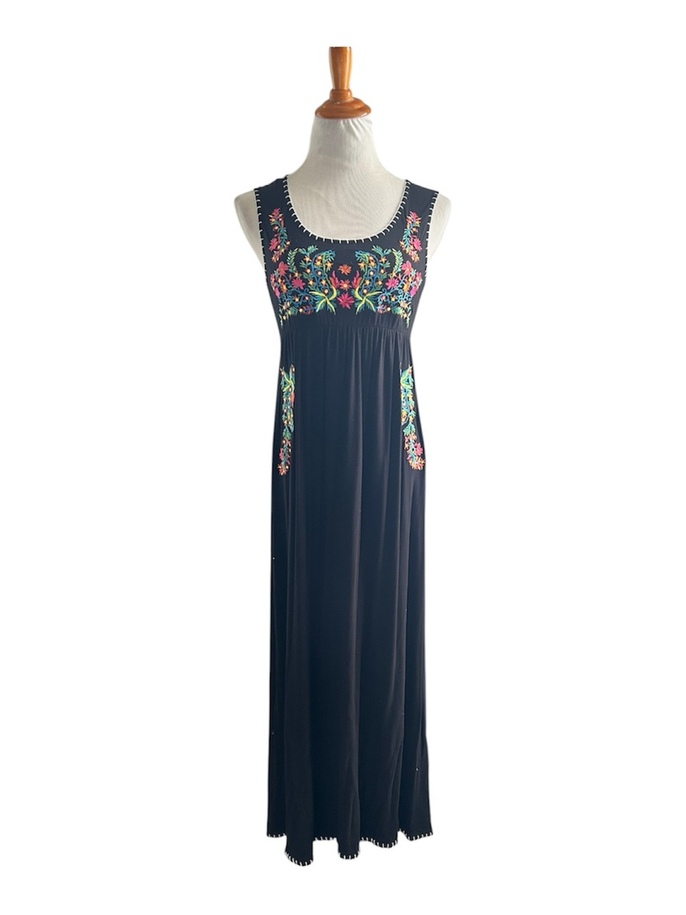 Chelsea & Theodore Black Maxi Dress with Multicolor Floral Embroidery